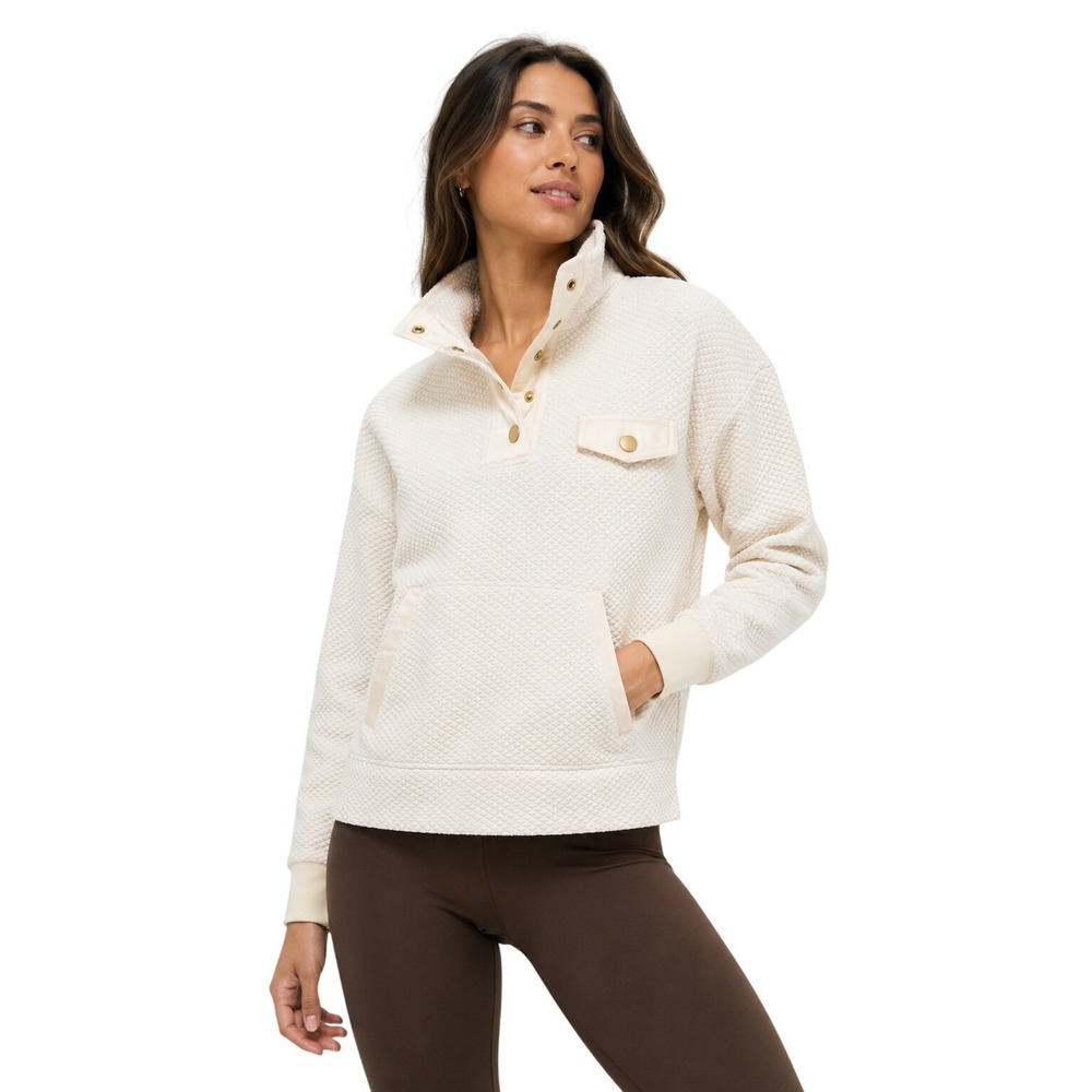 Tuckernuck Quilted Half Snap Lounge Pullover Cream Sweatshirt Large NWOT